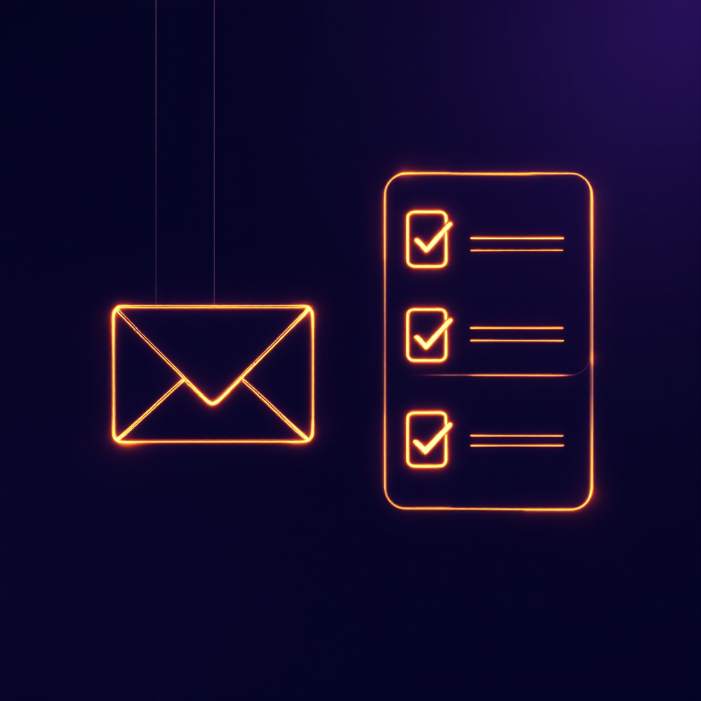 An email turning into structured tasks with check marks — as a glowing low-poly illustration.
