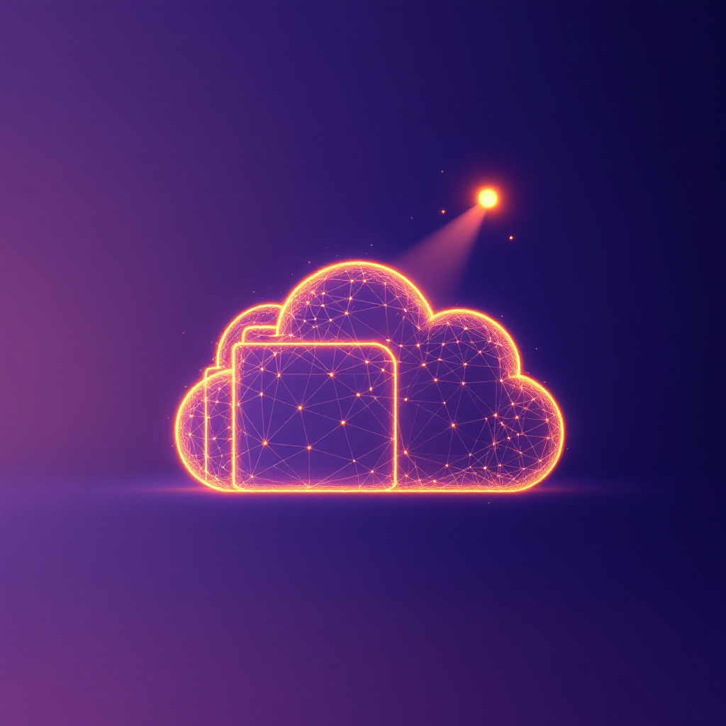 Ein Suchstrahl, der aus einem Stapel Cloud-Ordner einen einzelnen Treffer heraushebt — als leuchtende Low-Poly-Illustration.