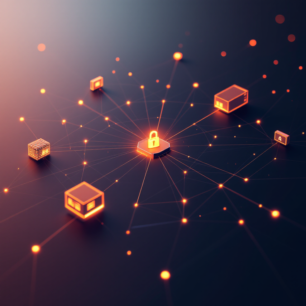 A central routing node distributing light paths to several container nodes and a padlock — as a glowing low-poly illustration.