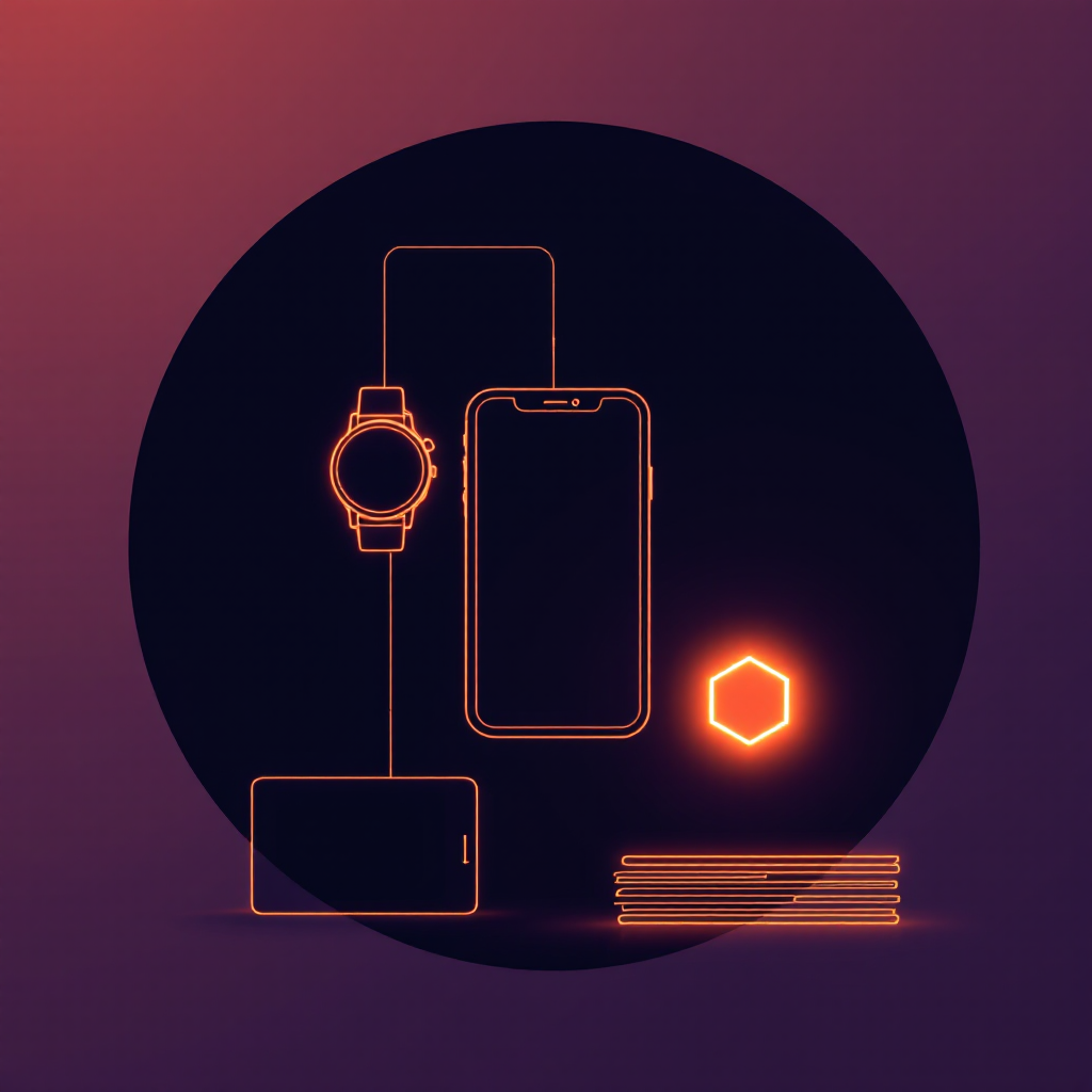 Eine Uhr, ein Telefon und ein Dateistapel, deren Lichtpfade in einen gemeinsamen Knoten münden, als leuchtende Low-Poly-Illustration.