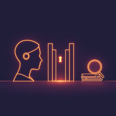 Ein Assistenten-Knoten, der über eine geprüfte Schleuse auf einen Suchindex zugreift — als leuchtende Low-Poly-Illustration.