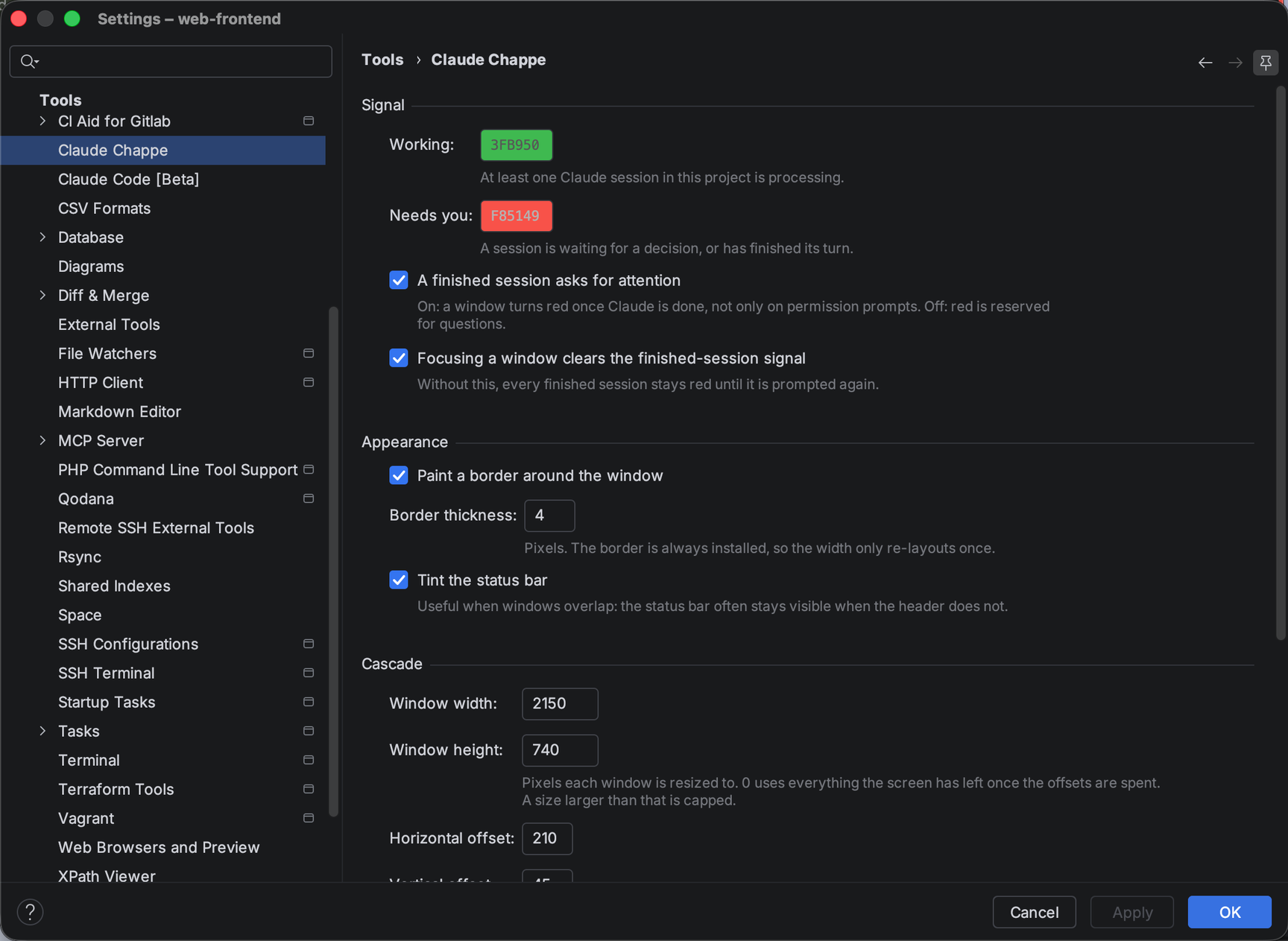 The plugin's settings page under Tools, with colour pickers, attention rules, border thickness and cascade measurements.