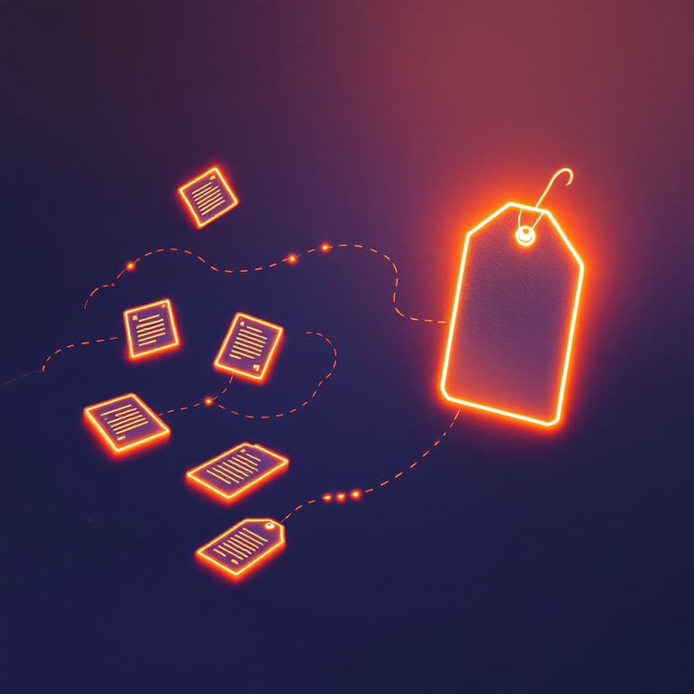 Scattered document nodes whose light paths converge on a single tag — as a glowing low-poly illustration.