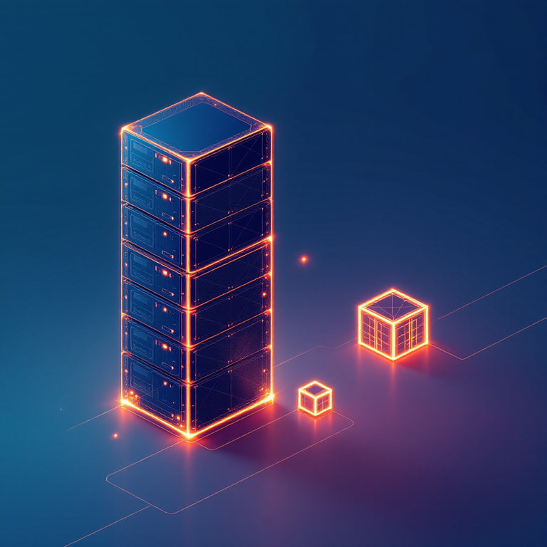 A server tower of glowing low-poly layers with light paths running out to two highlighted container nodes — as a glowing low-poly illustration.