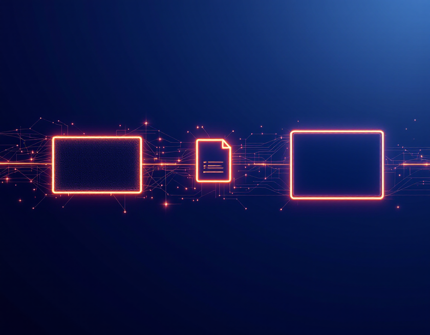 A chain of terminal, small status file and brightly outlined window — the path from hook to coloured window, as a glowing low-poly illustration.