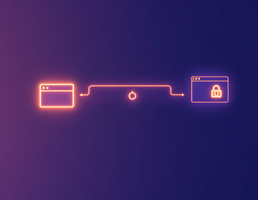 A chain from command through three tool components to a browser window with a padlock — the proxypark toolchain as a glowing low-poly illustration.